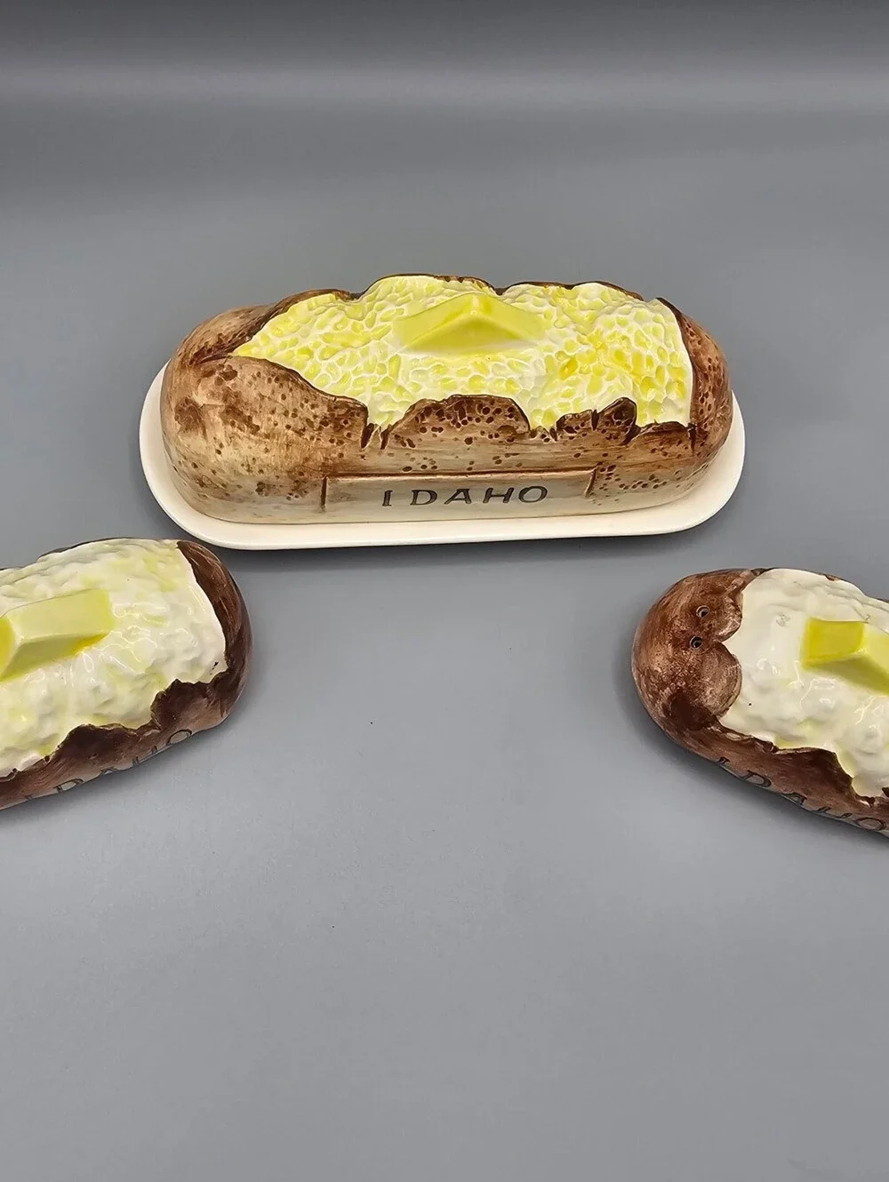 Vintage Idaho Baked Potato Ceramic Salt and Pepper Shakers with Butter Dish